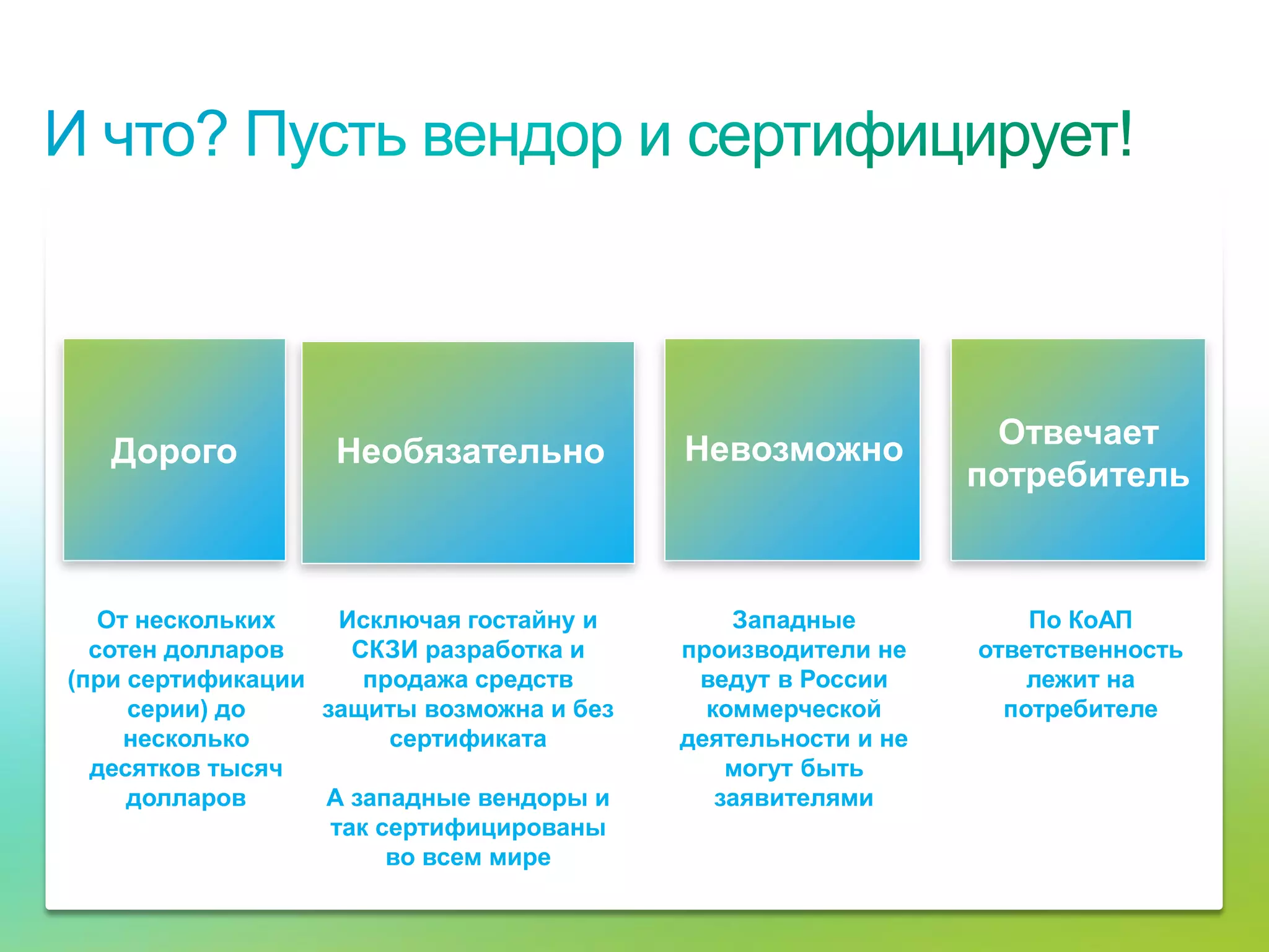 Невозможно           Отвечает
            Дорого                   Необязательно
                                                                         потребитель



      От нескольких    Исключая гостайну и               Западные            По КоАП
     сотен долларов     СКЗИ разработка и            производители не    ответственность
   (при сертификации     продажа средств              ведут в России         лежит на
        серии) до    защиты возможна и без             коммерческой        потребителе
        несколько          сертификата               деятельности и не
     десятков тысяч                                      могут быть
        долларов     А западные вендоры и               заявителями
                      так сертифицированы
                           во всем мире

© Cisco, 2010. Все права защищены.                                                         19/73
 