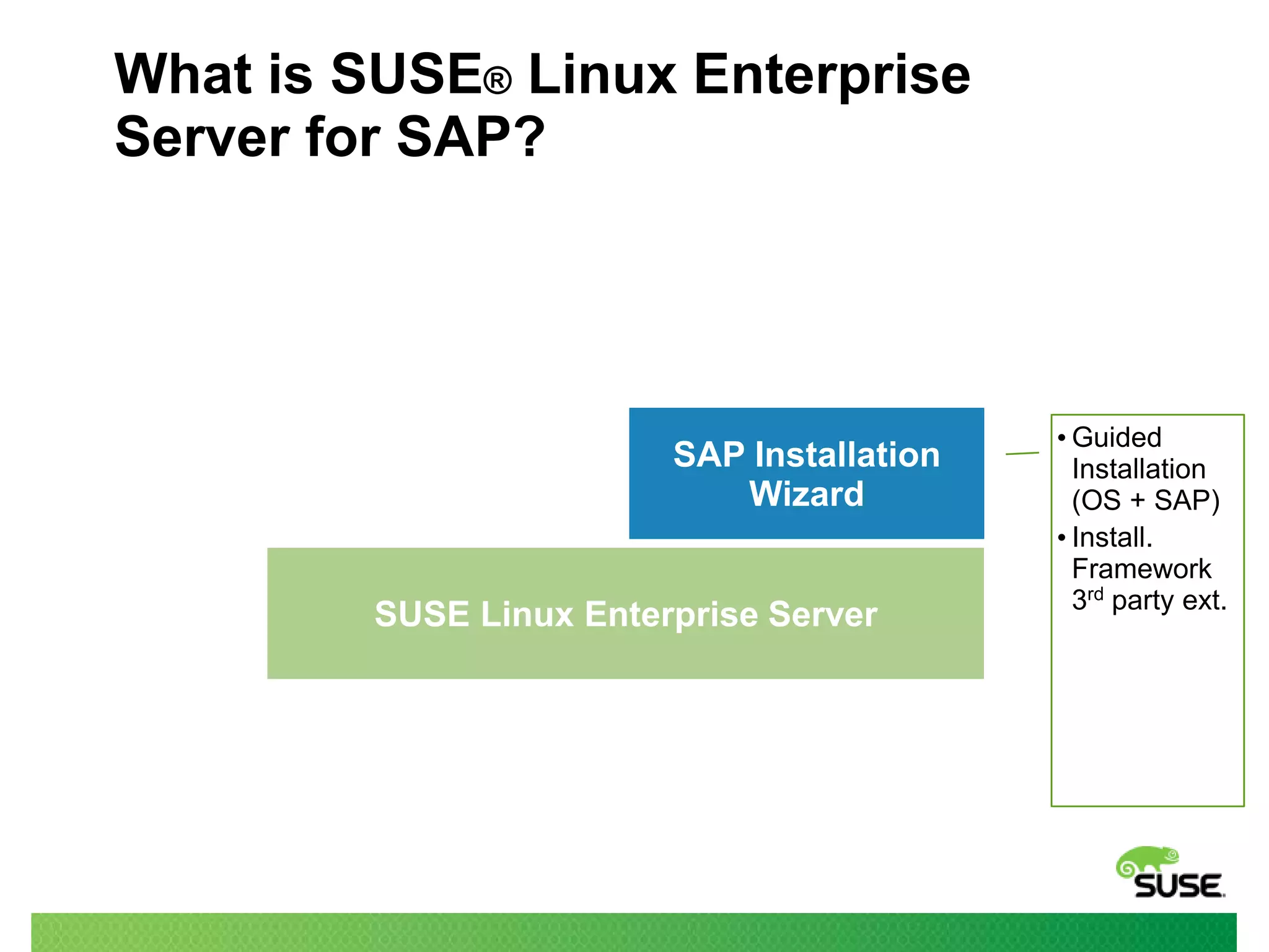 What is SUSE® Linux Enterprise
Server for SAP?

SAP Installation
Wizard
SUSE Linux Enterprise Server

• Guided
Installation
(OS + SAP)
• Install.
Framework
3rd party ext.

 