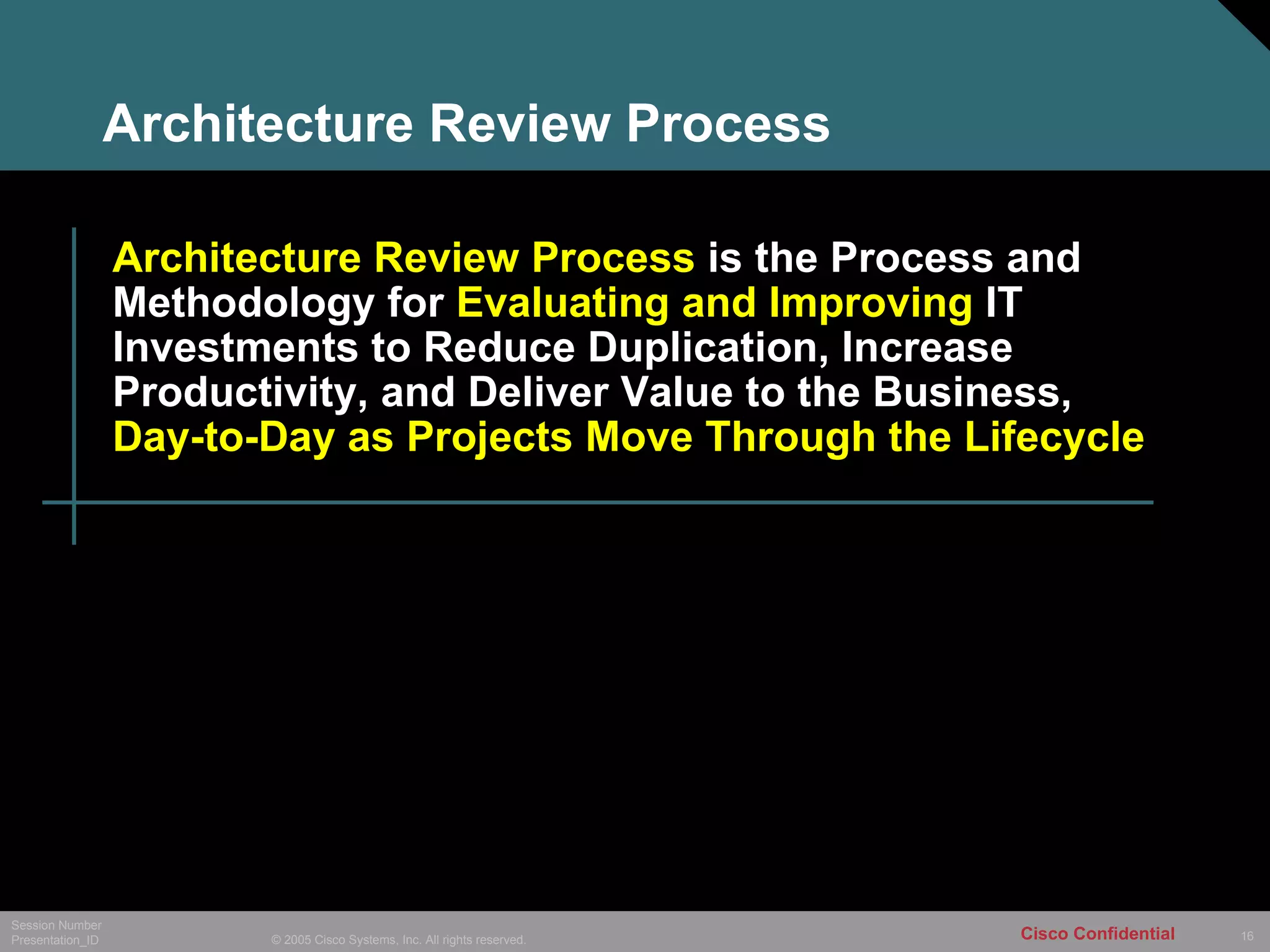 Architecture Review Process Architecture Review Process  is the Process and Methodology for  Evaluating and Improving  IT Investments to Reduce Duplication, Increase Productivity, and Deliver Value to the Business,  Day-to-Day as Projects Move Through the Lifecycle 