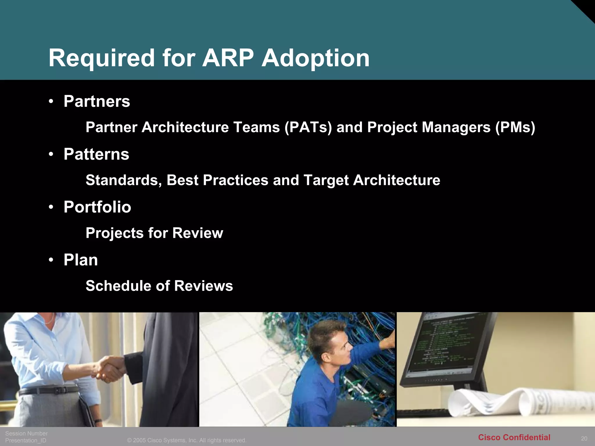 Required for ARP Adoption Partners Partner Architecture Teams (PATs) and Project Managers (PMs) Patterns Standards, Best Practices and Target Architecture  Portfolio Projects for Review  Plan  Schedule of Reviews 
