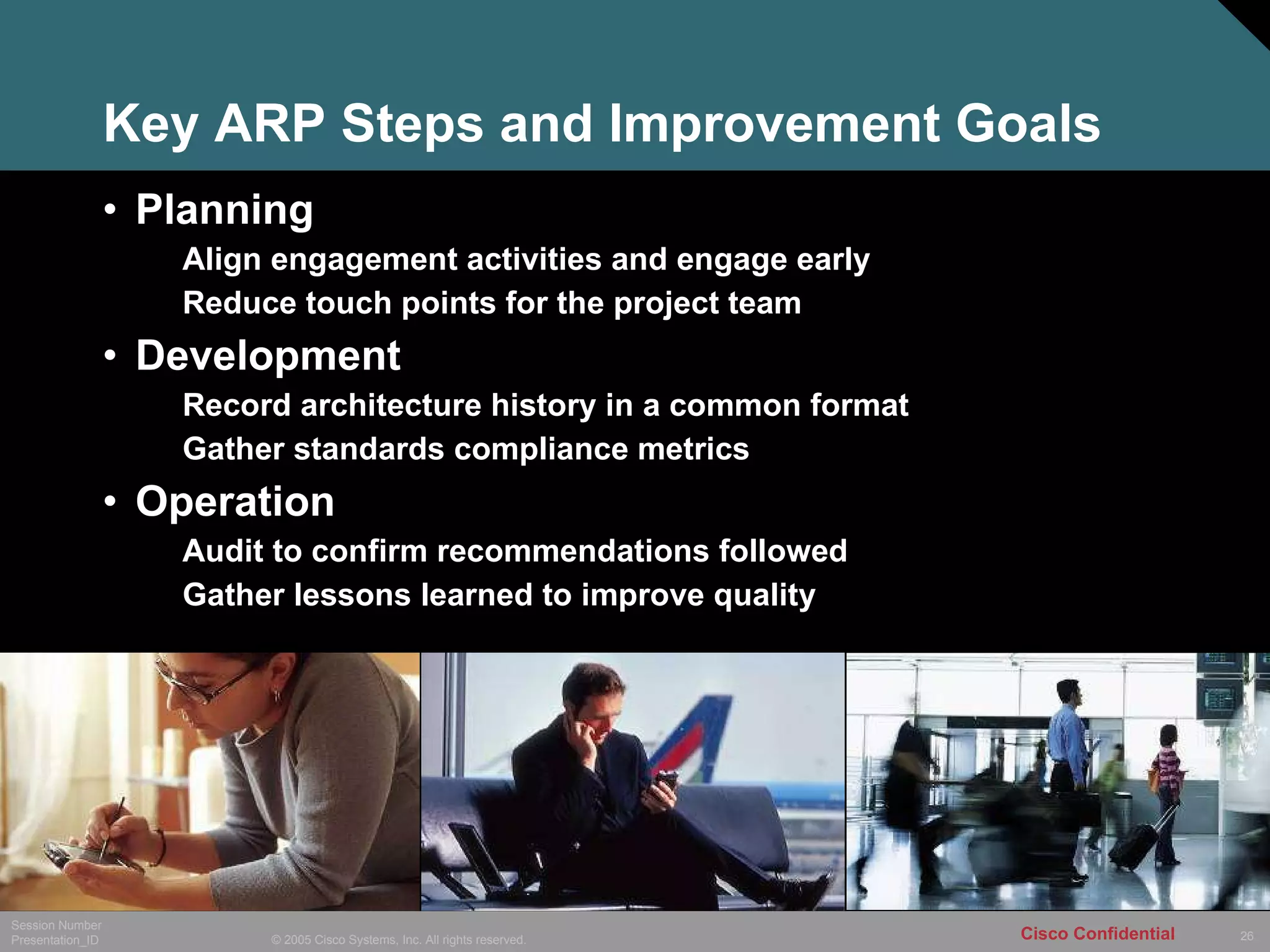 Key ARP Steps and Improvement Goals Planning Align engagement activities and engage early  Reduce touch points for the project team Development Record architecture history in a common format  Gather standards compliance metrics Operation Audit to confirm recommendations followed Gather lessons learned to improve quality 