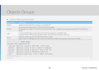 Thomas Moegli
๏ Il existe 4 types de groupes d’objets :
Objects Groups
106
Object-Group Description
Network Spécifie une liste d’hôtes IP, sous-réseaux ou intervalles d’IP
Protocol
Combine les protocoles IP (comme TCP, UDP, ICMP) dans un objet
Par exemple, pour intégrer TCP et UDP pour le protocole DNS, créer un Object Group et ajouter le protocole TCP et UDP dans ce
groupe
ICMP
Le protocole ICMP utilise un type unique pour l’envoi de messages de contrôle (RFC 792)
Le groupe d’objets ICMP-type peut grouper les types nécessaires pour des besoins de sécurité
Service
Utilisé pour grouper les ports TCP, UDP, TCP/UDP dans un objet
Il peut contenir un mélange de services TCP, services UDP, services ICMP, et tout protocole comme par ex. ESP, GRE, …
CCNAS-ASA(config)# object group ?
configure mode commands/options:
icmp-type Specifies a group of ICMP types, such as echo
network Specifies a group of host or subnet IP addresses
protocol Specifies a group of protocols, such as TCP, etc
service Specifies a group of TCP/UDP ports/services
user Specifies single user, local or import user group
CCNAS-ASA(config)#
106 Cisco ASA - 18 octobre 2015
 