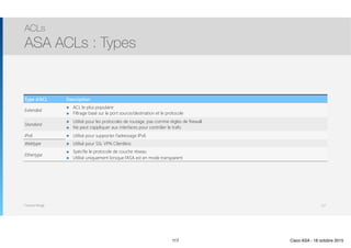 Thomas Moegli
๏ L’ASA supporte 5 types d’ACLs :
ACLs
ASA ACLs : Types
117
Type d’ACL Description
Extended
๏ ACL le plus populaire
๏ Filtrage basé sur le port source/destination et le protocole
Standard
๏ Utilisé pour les protocoles de routage, pas comme règles de firewall
๏ Ne peut s’appliquer aux interfaces pour contrôler le trafic
IPv6 ๏ Utilisé pour supporter l’adressage IPv6
Webtype ๏ Utilisé pour SSL VPN Clientless
Ethertype
๏ Spécifie le protocole de couche réseau
๏ Utilisé uniquement lorsque l’ASA est en mode transparent
117 Cisco ASA - 18 octobre 2015
 