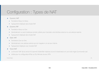 Thomas Moegli
๏ Dynamic NAT
๏ Translation Many-to-Many
๏ Typiquement déployé dans Inside NAT
๏ Dynamic PAT
๏ Translation Many-to-One
๏ Généralement un pool d’adresses privées utilisés pour translater une interface externe ou une adresse externe
๏ Typiquement déployé dans Inside NAT
๏ Static NAT
๏ Translation One-to-One
๏ Généralement une adresse externe qui est mappée à un serveur interne
๏ Typiquement déployé avec Outside NAT
๏ Twice-NAT
๏ La fonction NAT de la version 8.3 permet d’identifier l’adresse source et destination en une seule règle (Commande nat)
๏ Utilisé pour la configuration IPSec et SSL Remote-Access VPN
Configuration : Types de NAT
139
139 Cisco ASA - 18 octobre 2015
 