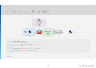 Thomas Moegli
Configuration : Static NAT
146
InternetE0/0
Inside
(VLAN 1)
209.165.200.224/27
Outside
(VLAN 2)
E0/1
192.168.1.0/27
DMZ
(VLAN 3)
E0/2
192.168.2.0/24
.5
.3
209.165.201.2
PC-B
ASA(config)# object network DMZ-SERVER
ASA(config-network-object)# host 192.168.2.3
ASA(config-network-object)# nat (dmz,outside) static 209.200.165.227
ASA(config-network-object)# exit
ASA(config)#
ASA(config)# access-list OUTSIDE-DMZ permit ip any host 192.168.2.3
ASA(config)# access-group OUTSIDE-DMZ in interface outside
ASA(config)#
146 Cisco ASA - 18 octobre 2015
 