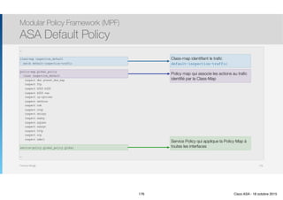 Thomas Moegli
Modular Policy Framework (MPF)
ASA Default Policy
176
…
class-map inspection_default
match default-inspection-traffic
policy-map global_policy
class inspection_default
inspect dns preset_dns_map
inspect ftp
inspect h323 h225
inspect h323 ras
inspect ip-options
inspect netbios
inspect rsh
inspect rtsp
inspect skinny
inspect esmtp
inspect sqlnet
inspect sunrpc
inspect tftp
inspect sip
inspect xdmcl
service-policy global_policy global
…
Class-map identifiant le trafic  
default-inspection-traffic
Policy map qui associe les actions au trafic
identifié par la Class-Map
Service Policy qui applique la Policy Map à
toutes les interfaces
176 Cisco ASA - 18 octobre 2015
 