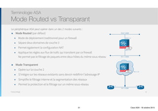 Thomas Moegli
Le périphérique ASA peut opérer dans un des 2 modes suivants :
Terminologie ASA
Mode Routed vs Transparant
31
ASA
10.2.1.0/24
10.1.1.0/24
10.1.1.1
10.2.1.1
10.1.1.0/29
.1 .2
ASA 10.1.1.3
๏ Mode Transparent
๏ Opère sur la couche 2
๏ S’intègre sur les réseaux existants sans devoir redéfinir l’adressage IP
๏ Simplifie le filtrage interne et la segmentation des réseaux
๏ Permet la protection et le filtrage sur un même sous-réseau
๏ Mode Routed (par défaut)
๏ Mode de déploiement traditionnel pour un firewall
๏ Sépare deux domaines de couche 3
๏ Permet également la configuration NAT
๏ Applique les règles aux flux de trafic qui transitent par ce firewall 
Ne permet pas le filtrage de paquets entre deux hôtes du même sous-réseau
31 Cisco ASA - 18 octobre 2015
 