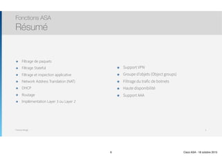 Thomas Moegli
๏ Filtrage de paquets
๏ Filtrage Stateful
๏ Filtrage et inspection applicative
๏ Network Address Translation (NAT)
๏ DHCP
๏ Routage
๏ Implémentation Layer 3 ou Layer 2
Fonctions ASA
Résumé
6
๏ Support VPN
๏ Groupe d’objets (Object groups)
๏ Filtrage du trafic de botnets
๏ Haute disponibilité
๏ Support AAA
6 Cisco ASA - 18 octobre 2015
 