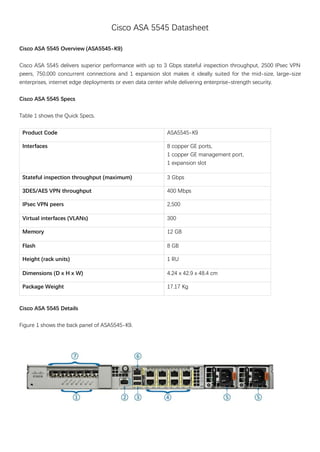 Cisco ASA 5545 Datasheet
Cisco ASA 5545 Overview (ASA5545-K9)
Cisco ASA 5545 delivers superior performance with up to 3 Gbps stateful inspection throughput, 2500 IPsec VPN
peers, 750,000 concurrent connections and 1 expansion slot makes it ideally suited for the mid-size, large-size
enterprises, internet edge deployments or even data center while delivering enterprise-strength security.
Cisco ASA 5545 Specs
Table 1 shows the Quick Specs.
Product Code ASA5545-K9
Interfaces 8 copper GE ports,
1 copper GE management port,
1 expansion slot
Stateful inspection throughput (maximum) 3 Gbps
3DES/AES VPN throughput 400 Mbps
IPsec VPN peers 2,500
Virtual interfaces (VLANs) 300
Memory 12 GB
Flash 8 GB
Height (rack units) 1 RU
Dimensions (D x H x W) 4.24 x 42.9 x 48.4 cm
Package Weight 17.17 Kg
Cisco ASA 5545 Details
Figure 1 shows the back panel of ASA5545-K9.
 