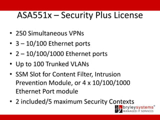 ASA551x – Security Plus License
• 250 Simultaneous VPNs
• 3 – 10/100 Ethernet ports
• 2 – 10/100/1000 Ethernet ports
• Up to 100 Trunked VLANs
• SSM Slot for Content Filter, Intrusion
Prevention Module, or 4 x 10/100/1000
Ethernet Port module
• 2 included/5 maximum Security Contexts
 
