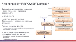 Что привносят FirePOWER Services? 
• Система предотвращения вторжений 
нового поколения – проверка 
содержимого 
• Учет контекста 
• Интеллектуальная система 
безопасности – управление черными 
списками 
• Полный контроль доступа 
По зоне сети, сеть VLAN, IP, порту, протоколу, приложению, 
пользователю, URL-адресу 
• И все эти компоненты прекрасно 
интегрируются друг с другом 
Используются политики системы предотвращения 
вторжений 
Политики контроля файлов 
Контролируемый 
Политика 
трафик 
Определение местоположения 
межсетевого экрана 
Интеллектуальная система 
безопасности 
Осведомленность об URL- 
адресах 
по IP-адресу 
Политика в отношении 
системы предотвращения 
вторжений нового поколения 
Политика в отношении 
файлов 
Политика в отношении 
вредоносных программ 
Коммутация, 
маршрутизация, сеть VPN, 
высокая доступность 
© Cisco и(или) ее аффилированные лица, 2014 г. Все права защищены. 15 
 
