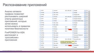 Распознавание приложений 
• Анализ сетевого 
трафика позволяет 
распознавать широкий 
спектр различных 
приложений, которые 
затем можно 
использовать в 
правилах политики 
безопасности 
• FirePOWER for ASA 
распознает и 
«российские» 
приложения 
© Cisco и(или) ее аффилированные лица, 2014 г. Все права защищены. 18 
 