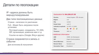 Детали по геолокации 
• IP –адреса должны быть 
маршрутизируемыми 
• Два типа геолокационных данных 
Страна – включено по умолчанию 
Full – Может быть загружено после 
установки: 
Почтовый индекс, координаты, TZ, ASN, 
ISP, организация, доменное имя и т.д. 
Ссылки на карты (Google, Bing и другие) 
• Страна сохраняется в запись о 
событии 
Для источника & получателя 
© Cisco и(или) ее аффилированные лица, 2014 г. Все права защищены. 27 
 