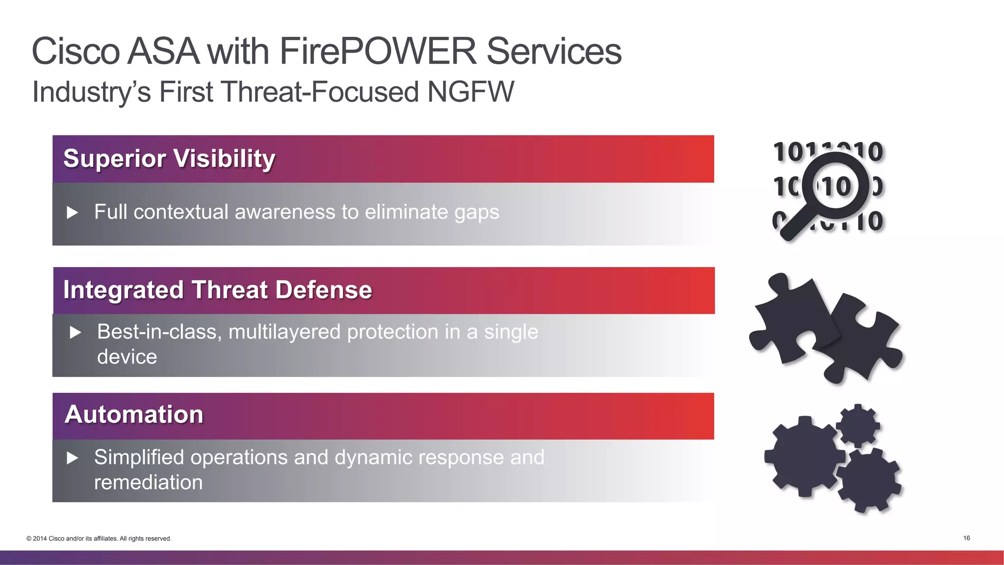 Cisco ASA with FirePOWER Services 
Industry’s First Threat-Focused NGFW 
Superior Visibility 
▶ Full contextual awareness to eliminate gaps 
Integrated Threat Defense 
▶ Best-in-class, multilayered protection in a single 
device 
Automation 
▶ Simplified operations and dynamic response and 
remediation 
© 2014 Cisco and/or its affiliates. All rights reserved. 16 
 