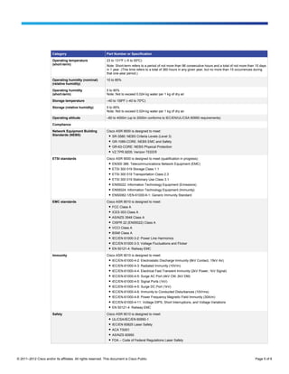 Category                               Part Number or Specification

                        Operating temperature                  23 to 131ºF (–5 to 55ºC)
                        (short-term)                           Note: Short-term refers to a period of not more than 96 consecutive hours and a total of not more than 15 days
                                                               in 1 year. (This time refers to a total of 360 hours in any given year, but no more than 15 occurrences during
                                                               that one-year period.)

                        Operating humidity (nominal)           10 to 85%
                        (relative humidity)

                        Operating humidity                     5 to 90%
                        (short-term)                           Note: Not to exceed 0.024 kg water per 1 kg of dry air

                        Storage temperature                    –40 to 158ºF (–40 to 70ºC)

                        Storage (relative humidity)            5 to 95%
                                                               Note: Not to exceed 0.024 kg water per 1 kg of dry air.

                        Operating altitude                     –60 to 4000m (up to 2000m conforms to IEC/EN/UL/CSA 60950 requirements)

                        Compliance

                        Network Equipment Building             Cisco ASR 9000 is designed to meet:
                        Standards (NEBS)                        ● SR-3580: NEBS Criteria Levels (Level 3)
                                                                ● GR-1089-CORE: NEBS EMC and Safety
                                                                ● GR-63-CORE: NEBS Physical Protection
                                                                ● VZ.TPR.9205: Verizon TEEER

                        ETSI standards                         Cisco ASR 9000 is designed to meet (qualification in progress):
                                                                ● EN300 386: Telecommunications Network Equipment (EMC)
                                                                ● ETSI 300 019 Storage Class 1.1
                                                                ● ETSI 300 019 Transportation Class 2.3
                                                                ● ETSI 300 019 Stationary Use Class 3.1
                                                                ● EN55022: Information Technology Equipment (Emissions)
                                                                ● EN55024: Information Technology Equipment (Immunity)
                                                                ● EN50082-1/EN-61000-6-1: Generic Immunity Standard

                        EMC standards                          Cisco ASR 9010 is designed to meet:
                                                                ● FCC Class A
                                                                ● ICES 003 Class A
                                                                ● AS/NZS 3548 Class A
                                                                ● CISPR 22 (EN55022) Class A
                                                                ● VCCI Class A
                                                                ● BSMI Class A
                                                                ● IEC/EN 61000-3-2: Power Line Harmonics
                                                                ● IEC/EN 61000-3-3: Voltage Fluctuations and Flicker
                                                                ● EN 50121-4: Railway EMC

                        Immunity                               Cisco ASR 9010 is designed to meet:
                                                                ● IEC/EN-61000-4-2: Electrostatic Discharge Immunity (8kV Contact, 15kV Air)
                                                                ● IEC/EN-61000-4-3: Radiated Immunity (10V/m)
                                                                ● IEC/EN-61000-4-4: Electrical Fast Transient Immunity (2kV Power, 1kV Signal)
                                                                ● IEC/EN-61000-4-5: Surge AC Port (4kV CM, 2kV DM)
                                                                ● IEC/EN-61000-4-5: Signal Ports (1kV)
                                                                ● IEC/EN-61000-4-5: Surge DC Port (1kV)
                                                                ● IEC/EN-61000-4-6: Immunity to Conducted Disturbances (10Vrms)
                                                                ● IEC/EN-61000-4-8: Power Frequency Magnetic Field Immunity (30A/m)
                                                                ● IEC/EN-61000-4-11: Voltage DIPS, Short Interruptions, and Voltage Variations
                                                                ● EN 50121-4: Railway EMC

                        Safety                                 Cisco ASR 9010 is designed to meet:
                                                                ● UL/CSA/IEC/EN 60950-1
                                                                ● IEC/EN 60825 Laser Safety
                                                                ● ACA TS001
                                                                ● AS/NZS 60950
                                                                ● FDA – Code of Federal Regulations Laser Safety




© 2011–2012 Cisco and/or its affiliates. All rights reserved. This document is Cisco Public.                                                                         Page 5 of 6
 
