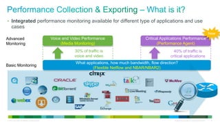 • Integrated performance monitoring available for different type of applications and use
      cases
                                                                                                                                                                                    New
Advanced                                                   Voice and Video Performance                        Critical Applications Performance
Monitoring                                                      (Media Monitoring)                                   (Performance Agent)
                                                                      30% of traffic is                                       40% of traffic is
                                                                      voice and video                                       critical applications
                                                                          What applications, how much bandwidth, flow direction?
Basic Monitoring
                                                                                  (Flexible Netflow and NBAR/NBAR2)




                                                            HTTP   HTTP



© 2012 Cisco and/or its affiliates. All rights reserved.                                                                      All specifications subject to change without notice    16
 