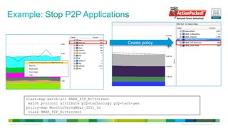 Create policy




                              class-map match-all NBAR_P2P_Bittorrent
                               match protocol attribute p2p-technology p2p-tech-yes
                              policy-map MonitorUsingNbar_GI01_In
                               class NBAR_P2P_Bittorrent


© 2012 Cisco and/or its affiliates. All rights reserved.                                     All specifications subject to change without notice   39
 