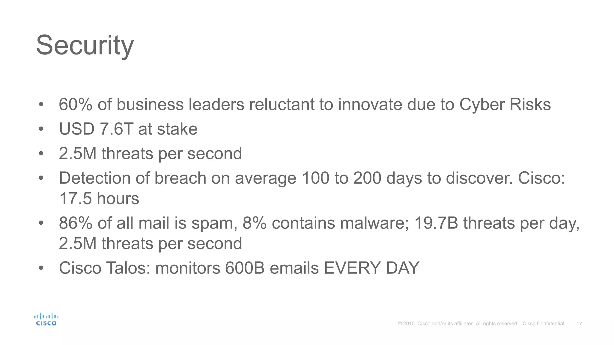 Security
• 60% of business leaders reluctant to innovate due to Cyber Risks
• USD 7.6T at stake
• 2.5M threats per second
• Detection of breach on average 100 to 200 days to discover. Cisco:
17.5 hours
• 86% of all mail is spam, 8% contains malware; 19.7B threats per day,
2.5M threats per second
• Cisco Talos: monitors 600B emails EVERY DAY
 