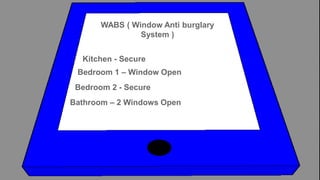 WABS ( Window Anti burglary
System )
Living Room - Secure
Kitchen - Secure
Bedroom 1 – Window Open
Bedroom 2 - Secure
Bathroom – 2 Windows Open
 