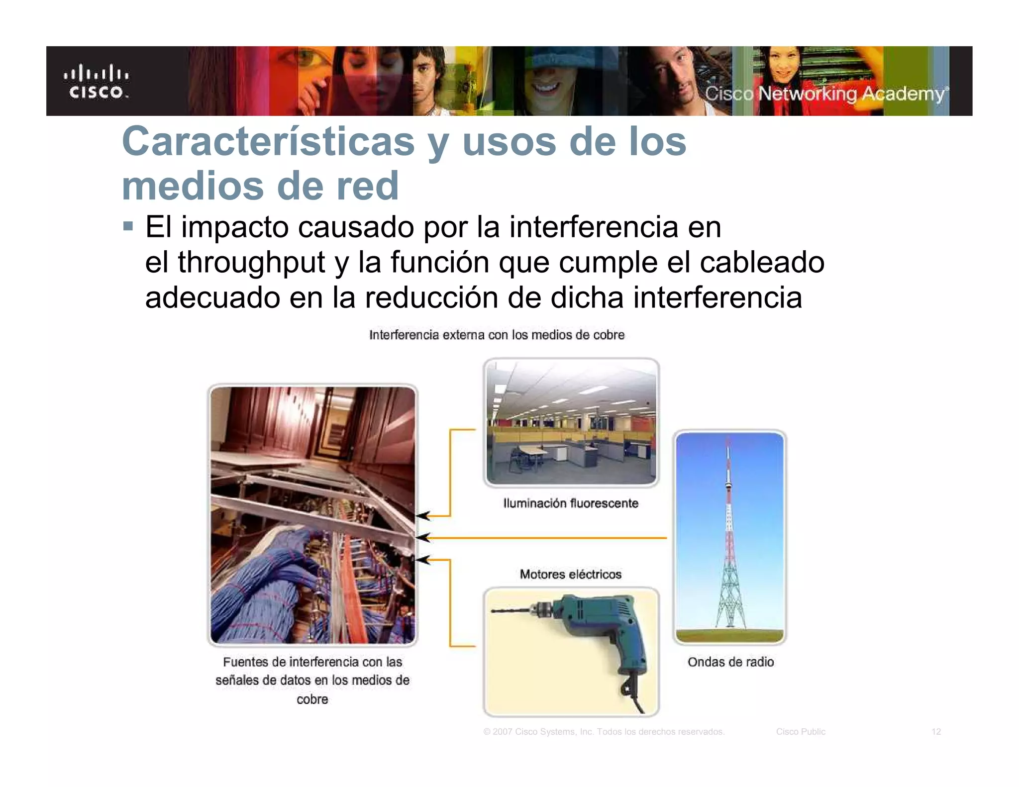 12© 2007 Cisco Systems, Inc. Todos los derechos reservados. Cisco Public
El impacto causado por la interferencia en
el throughput y la función que cumple el cableado
adecuado en la reducción de dicha interferencia
Características y usos de los
medios de red
 
