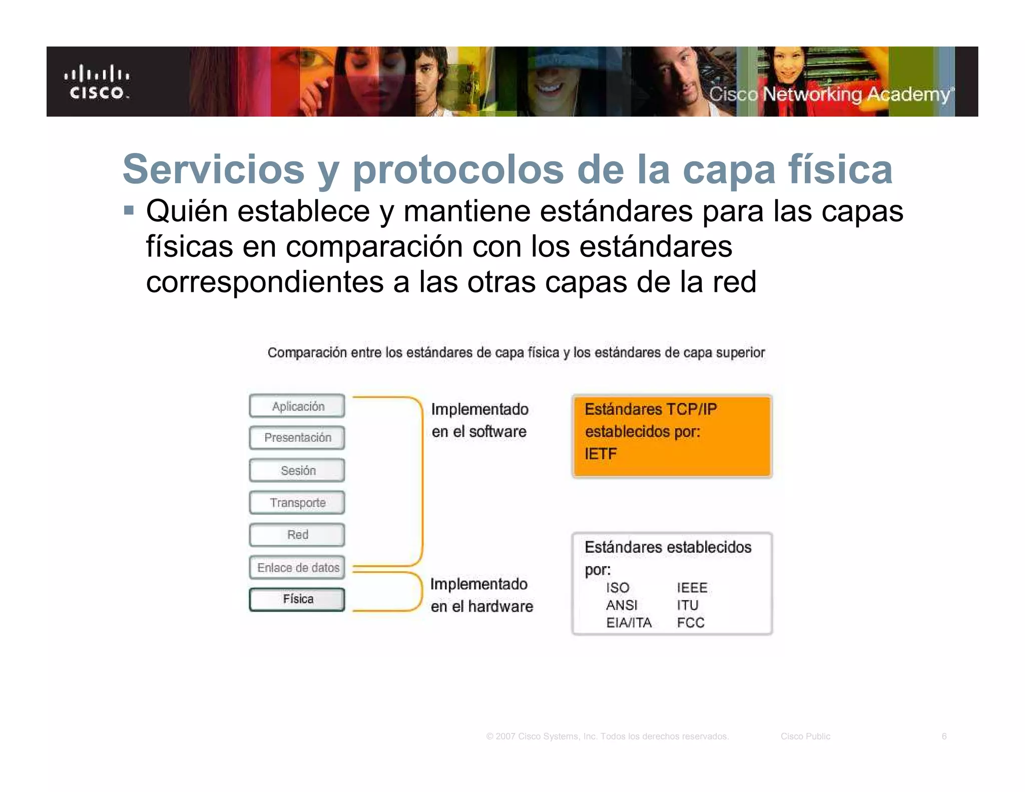 6© 2007 Cisco Systems, Inc. Todos los derechos reservados. Cisco Public
Servicios y protocolos de la capa física
Quién establece y mantiene estándares para las capas
físicas en comparación con los estándares
correspondientes a las otras capas de la red
 