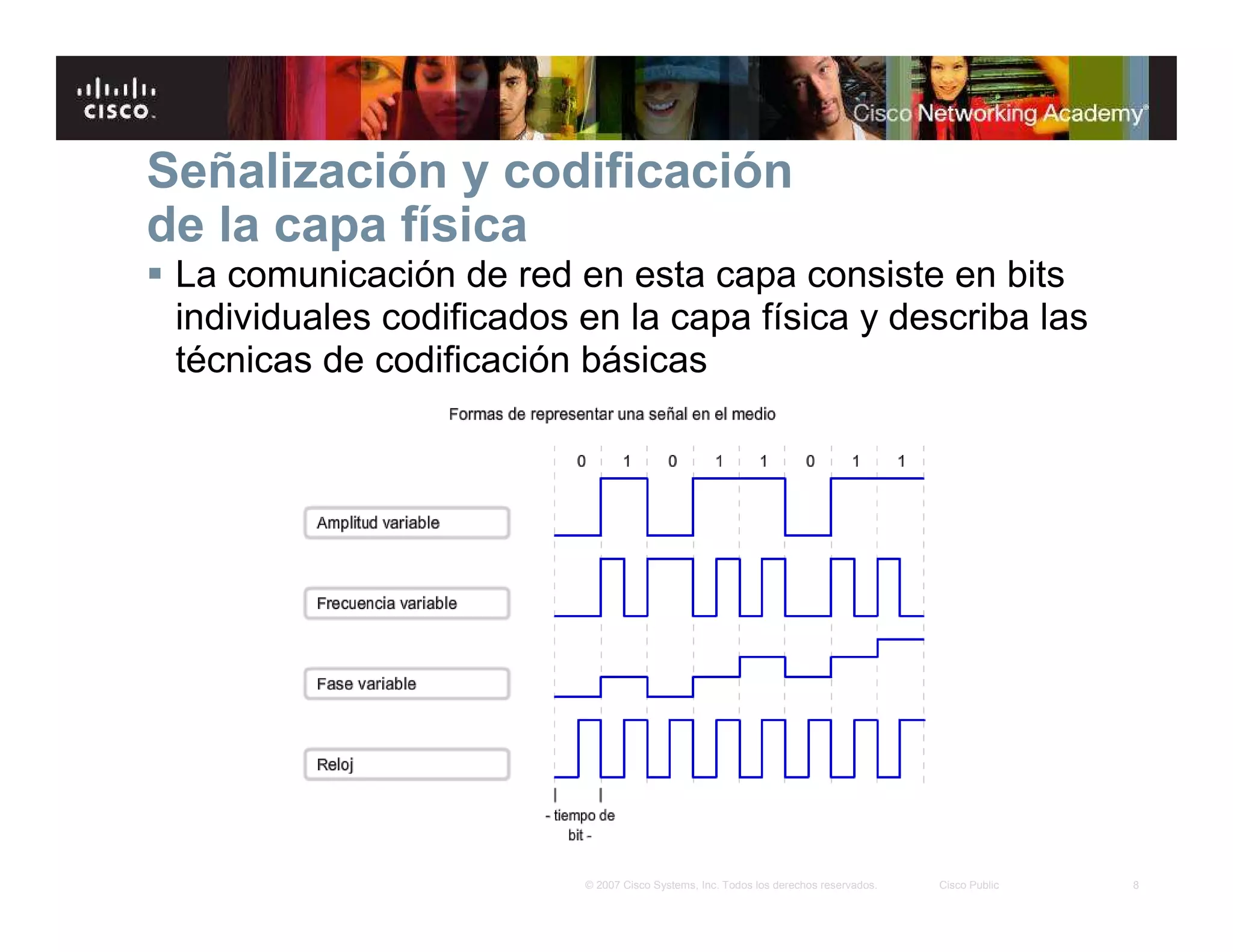 8© 2007 Cisco Systems, Inc. Todos los derechos reservados. Cisco Public
La comunicación de red en esta capa consiste en bits
individuales codificados en la capa física y describa las
técnicas de codificación básicas
Señalización y codificación
de la capa física
 