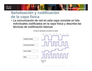 8© 2007 Cisco Systems, Inc. Todos los derechos reservados. Cisco Public
La comunicación de red en esta capa consiste en bits
individuales codificados en la capa física y describa las
técnicas de codificación básicas
Señalización y codificación
de la capa física
 