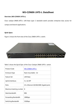 WS-C2960X-24TS-L DataSheet
Overview (WS-C2960X-24TS-L)
Cisco catalyst 2960X-24TS-L LAN Base Layer 2 stackable switch provides enterprise-class access for
campus and branch applications.
Quick Specs
Figure 1 shows the front view of the Cisco 2960X-24TS-L switch.
Table 1 shows the Quick Spec of the Cisco Catalyst 2960X-24TS-L switch.
Product Code WS-C2960X-24TS-L
Enclosure Type Rack-mountable - 1U
Feature Set LAN Base
Uplink Interfaces 4 x 1G SFP
Ports 24 x Ethernet 10/100/1000 Gigabit ports
Maximum stacking number 8
Stack bandwidth 80G
Forwarding Bandwidth 108Gbps
Switching Bandwidth 216Gbps
 