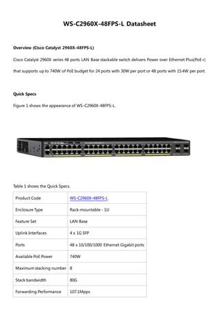 WS-C2960X-48FPS-L Datasheet
Overview (Cisco Catalyst 2960X-48FPS-L)
Cisco Catalyst 2960X series 48 ports LAN Base stackable switch delivers Power over Ethernet Plus(PoE+)
that supports up to 740W of PoE budget for 24 ports with 30W per port or 48 ports with 15.4W per port.
Quick Specs
Figure 1 shows the appearance of WS-C2960X-48FPS-L.
Table 1 shows the Quick Specs.
Product Code WS-C2960X-48FPS-L
Enclosure Type Rack-mountable - 1U
Feature Set LAN Base
Uplink Interfaces 4 x 1G SFP
Ports 48 x 10/100/1000 Ethernet Gigabit ports
Available PoE Power 740W
Maximum stacking number 8
Stack bandwidth 80G
Forwarding Performance 107.1Mpps
 