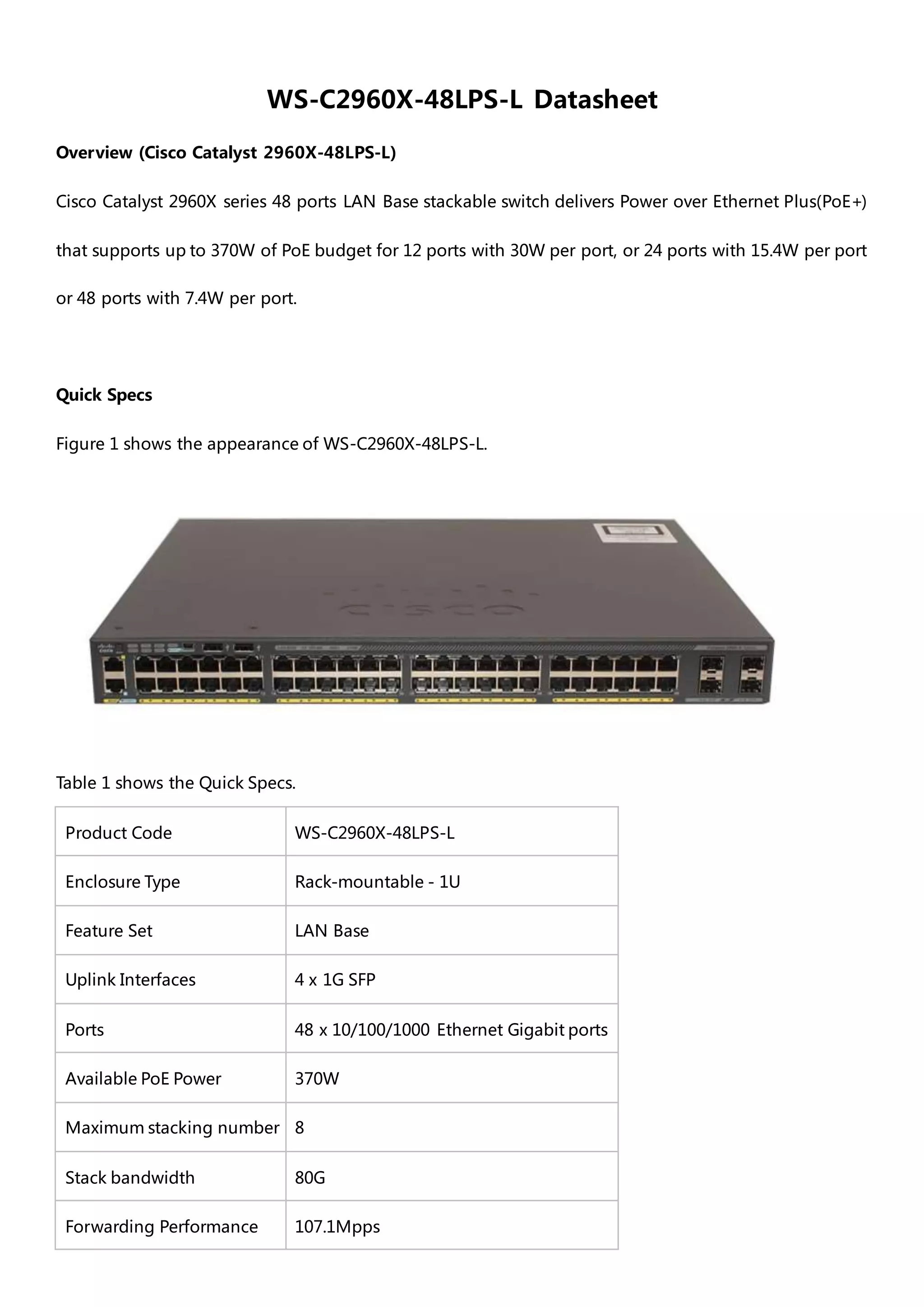 Cisco catalyst 2960x 48 lps-l datasheet | DOCX