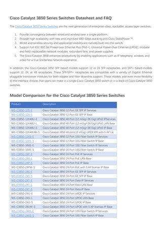 Cisco Catalyst 3850 Series Switches Datasheet and FAQ
The Cisco Catalyst 3850 Series Switches are the next generation of enterprise-class, stackable, access layer switches.
1. Provide convergence between wired and wireless over a single platform.
2. Provide high availability with new and improved 480-Gbps stacking and Cisco StackPower ™.
3. Wired and wireless security and application visibility are natively built into the switch.
4. Support full IEEE 802.3at Power over Ethernet Plus (PoE+), Universal Power Over Ethernet (UPOE), modular
and field-replaceable network modules, redundant fans, and power supplies.
5. The Cisco Catalyst 3850 enhances productivity by enabling applications such as IP telephony, wireless, and
video for a true borderless network experience.
In addition, the Cisco Catalyst 3850 SFP based models support 12 or 24 SFP receptacles, and SFP+ based models
support 12, 24, or 48 receptacles. These SFP/SFP+ receptacles are compatible with a variety of Gigabit Ethernet
pluggable transceiver modules for both copper and fiber downlink support. These models add even more flexibility
to the interface choices that users can make in a single Cisco Catalyst 3850 switch or in a stack of Cisco Catalyst 3850
switches.
Model Comparison for the Cisco Catalyst 3850 Series Switches
Product Description
WS-C3850-12S-E Cisco Catalyst 3850 12 Port GE SFP IP Services
WS-C3850-12S-S Cisco Catalyst 3850 12 Port GE SFP IP Base
WS-C3850-12X48U-E Cisco Catalyst 3850 48 Port (12 mGig+36 Gig) UPoE IPServices
WS-C3850-12X48U-L Cisco Catalyst 3850 48 Port (12 mGig+36 Gig) UPoE LAN Base
WS-C3850-12X48U-S Cisco Catalyst 3850 48 Port (12 mGig+36 Gig) UPoE IP Base
WS-C3850-12X48UW-S Cisco Catalyst 3850 48 port(12 mGig) UPOE IPB with 5 AP Lic
WS-C3850-12XS-E Cisco Catalyst 3850 12 Port 10G Fiber Switch IP Services
WS-C3850-12XS-S Cisco Catalyst 3850 12 Port 10G Fiber Switch IP Base
WS-C3850-16XS-E Cisco Catalyst 3850 16 Port 10G Fiber Switch IP Services
WS-C3850-16XS-S Cisco Catalyst 3850 16 Port 10G Fiber Switch IP Base
WS-C3850-24P-E Cisco Catalyst 3850 24 Port PoE IP Services
WS-C3850-24P-L Cisco Catalyst 3850 24 Port PoE LAN Base
WS-C3850-24P-S Cisco Catalyst 3850 24 Port PoE IP Base
WS-C3850-24PW-S Cisco Catalyst 3850 24 Port PoE with 5 AP license IP Base
WS-C3850-24S-E Cisco Catalyst 3850 24 Port GE SFP IP Services
WS-C3850-24S-S Cisco Catalyst 3850 24 Port GE SFP IP Base
WS-C3850-24T-E Cisco Catalyst 3850 24 Port Data IP Services
WS-C3850-24T-L Cisco Catalyst 3850 24 Port Data LAN Base
WS-C3850-24T-S Cisco Catalyst 3850 24 Port Data IP Base
WS-C3850-24U-E Cisco Catalyst 3850 24 Port UPOE IP Services
WS-C3850-24U-L Cisco Catalyst 3850 24 Port UPOE LAN Base
WS-C3850-24U-S Cisco Catalyst 3850 24 Port UPOE IP Base
WS-C3850-24UW-S Cisco Catalyst 3850 24 Port UPOE with 5 AP licenses IP Base
WS-C3850-24XS-E Cisco Catalyst 3850 24 Port 10G Fiber Switch IP Services
WS-C3850-24XS-S Cisco Catalyst 3850 24 Port 10G Fiber Switch IP Base
 