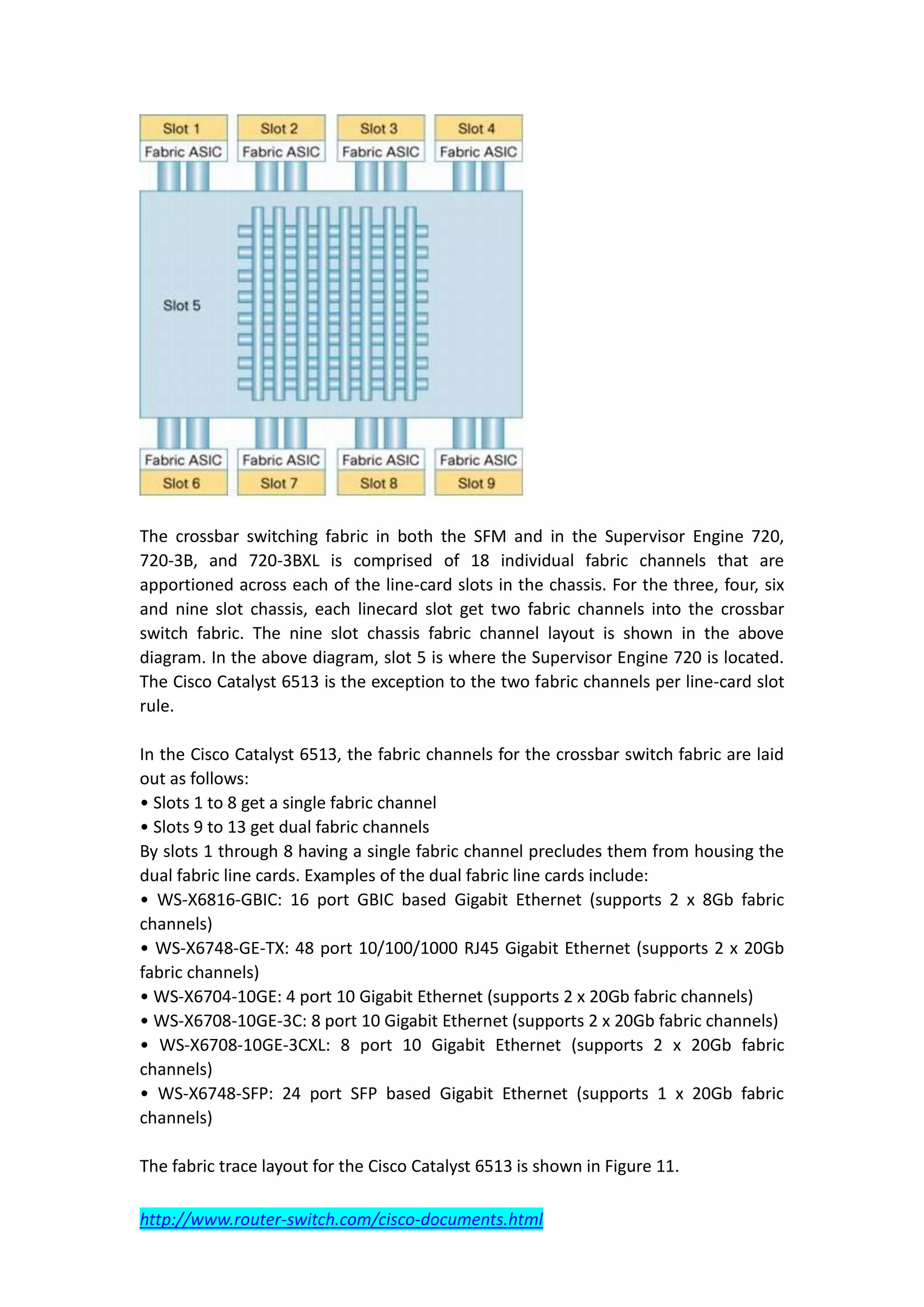 The crossbar switching fabric in both the SFM and in the Supervisor Engine 720,
720-3B, and 720-3BXL is comprised of 18 individual fabric channels that are
apportioned across each of the line-card slots in the chassis. For the three, four, six
and nine slot chassis, each linecard slot get two fabric channels into the crossbar
switch fabric. The nine slot chassis fabric channel layout is shown in the above
diagram. In the above diagram, slot 5 is where the Supervisor Engine 720 is located.
The Cisco Catalyst 6513 is the exception to the two fabric channels per line-card slot
rule.

In the Cisco Catalyst 6513, the fabric channels for the crossbar switch fabric are laid
out as follows:
• Slots 1 to 8 get a single fabric channel
• Slots 9 to 13 get dual fabric channels
By slots 1 through 8 having a single fabric channel precludes them from housing the
dual fabric line cards. Examples of the dual fabric line cards include:
• WS-X6816-GBIC: 16 port GBIC based Gigabit Ethernet (supports 2 x 8Gb fabric
channels)
• WS-X6748-GE-TX: 48 port 10/100/1000 RJ45 Gigabit Ethernet (supports 2 x 20Gb
fabric channels)
• WS-X6704-10GE: 4 port 10 Gigabit Ethernet (supports 2 x 20Gb fabric channels)
• WS-X6708-10GE-3C: 8 port 10 Gigabit Ethernet (supports 2 x 20Gb fabric channels)
• WS-X6708-10GE-3CXL: 8 port 10 Gigabit Ethernet (supports 2 x 20Gb fabric
channels)
• WS-X6748-SFP: 24 port SFP based Gigabit Ethernet (supports 1 x 20Gb fabric
channels)

The fabric trace layout for the Cisco Catalyst 6513 is shown in Figure 11.

http://www.router-switch.com/cisco-documents.html
 
