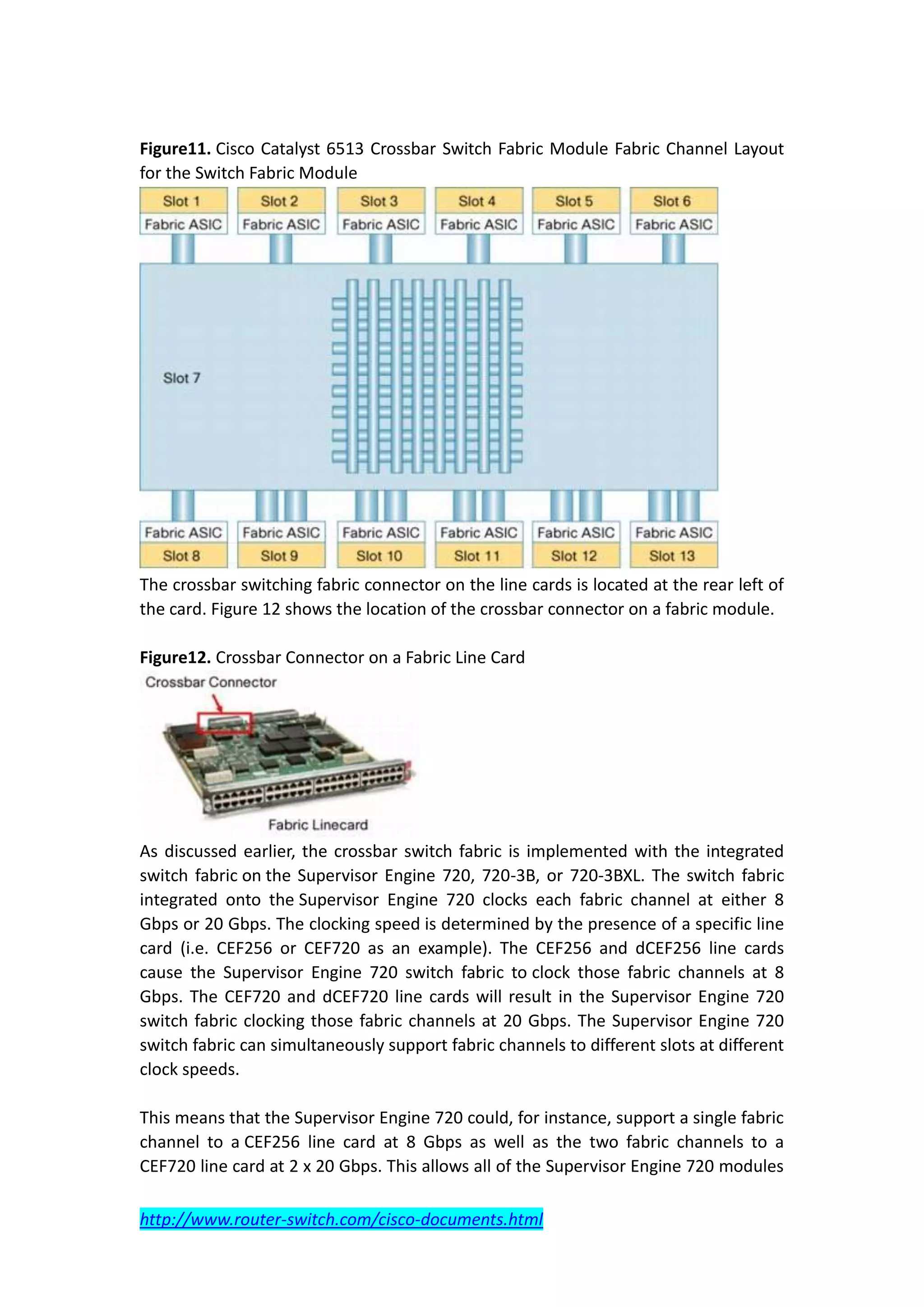 Figure11. Cisco Catalyst 6513 Crossbar Switch Fabric Module Fabric Channel Layout
for the Switch Fabric Module




The crossbar switching fabric connector on the line cards is located at the rear left of
the card. Figure 12 shows the location of the crossbar connector on a fabric module.

Figure12. Crossbar Connector on a Fabric Line Card




As discussed earlier, the crossbar switch fabric is implemented with the integrated
switch fabric on the Supervisor Engine 720, 720-3B, or 720-3BXL. The switch fabric
integrated onto the Supervisor Engine 720 clocks each fabric channel at either 8
Gbps or 20 Gbps. The clocking speed is determined by the presence of a specific line
card (i.e. CEF256 or CEF720 as an example). The CEF256 and dCEF256 line cards
cause the Supervisor Engine 720 switch fabric to clock those fabric channels at 8
Gbps. The CEF720 and dCEF720 line cards will result in the Supervisor Engine 720
switch fabric clocking those fabric channels at 20 Gbps. The Supervisor Engine 720
switch fabric can simultaneously support fabric channels to different slots at different
clock speeds.

This means that the Supervisor Engine 720 could, for instance, support a single fabric
channel to a CEF256 line card at 8 Gbps as well as the two fabric channels to a
CEF720 line card at 2 x 20 Gbps. This allows all of the Supervisor Engine 720 modules

http://www.router-switch.com/cisco-documents.html
 