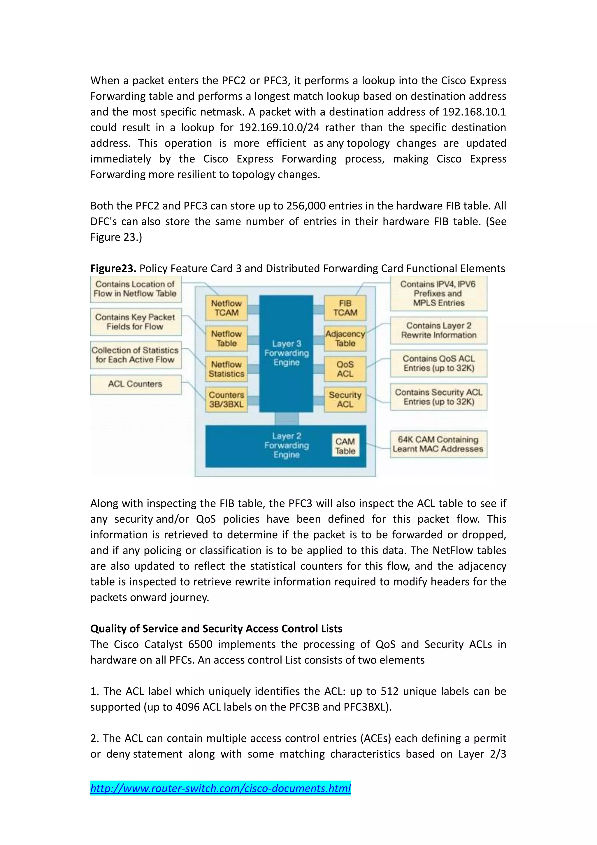 When a packet enters the PFC2 or PFC3, it performs a lookup into the Cisco Express
Forwarding table and performs a longest match lookup based on destination address
and the most specific netmask. A packet with a destination address of 192.168.10.1
could result in a lookup for 192.169.10.0/24 rather than the specific destination
address. This operation is more efficient as any topology changes are updated
immediately by the Cisco Express Forwarding process, making Cisco Express
Forwarding more resilient to topology changes.

Both the PFC2 and PFC3 can store up to 256,000 entries in the hardware FIB table. All
DFC's can also store the same number of entries in their hardware FIB table. (See
Figure 23.)

Figure23. Policy Feature Card 3 and Distributed Forwarding Card Functional Elements




Along with inspecting the FIB table, the PFC3 will also inspect the ACL table to see if
any security and/or QoS policies have been defined for this packet flow. This
information is retrieved to determine if the packet is to be forwarded or dropped,
and if any policing or classification is to be applied to this data. The NetFlow tables
are also updated to reflect the statistical counters for this flow, and the adjacency
table is inspected to retrieve rewrite information required to modify headers for the
packets onward journey.

Quality of Service and Security Access Control Lists
The Cisco Catalyst 6500 implements the processing of QoS and Security ACLs in
hardware on all PFCs. An access control List consists of two elements

1. The ACL label which uniquely identifies the ACL: up to 512 unique labels can be
supported (up to 4096 ACL labels on the PFC3B and PFC3BXL).

2. The ACL can contain multiple access control entries (ACEs) each defining a permit
or deny statement along with some matching characteristics based on Layer 2/3

http://www.router-switch.com/cisco-documents.html
 