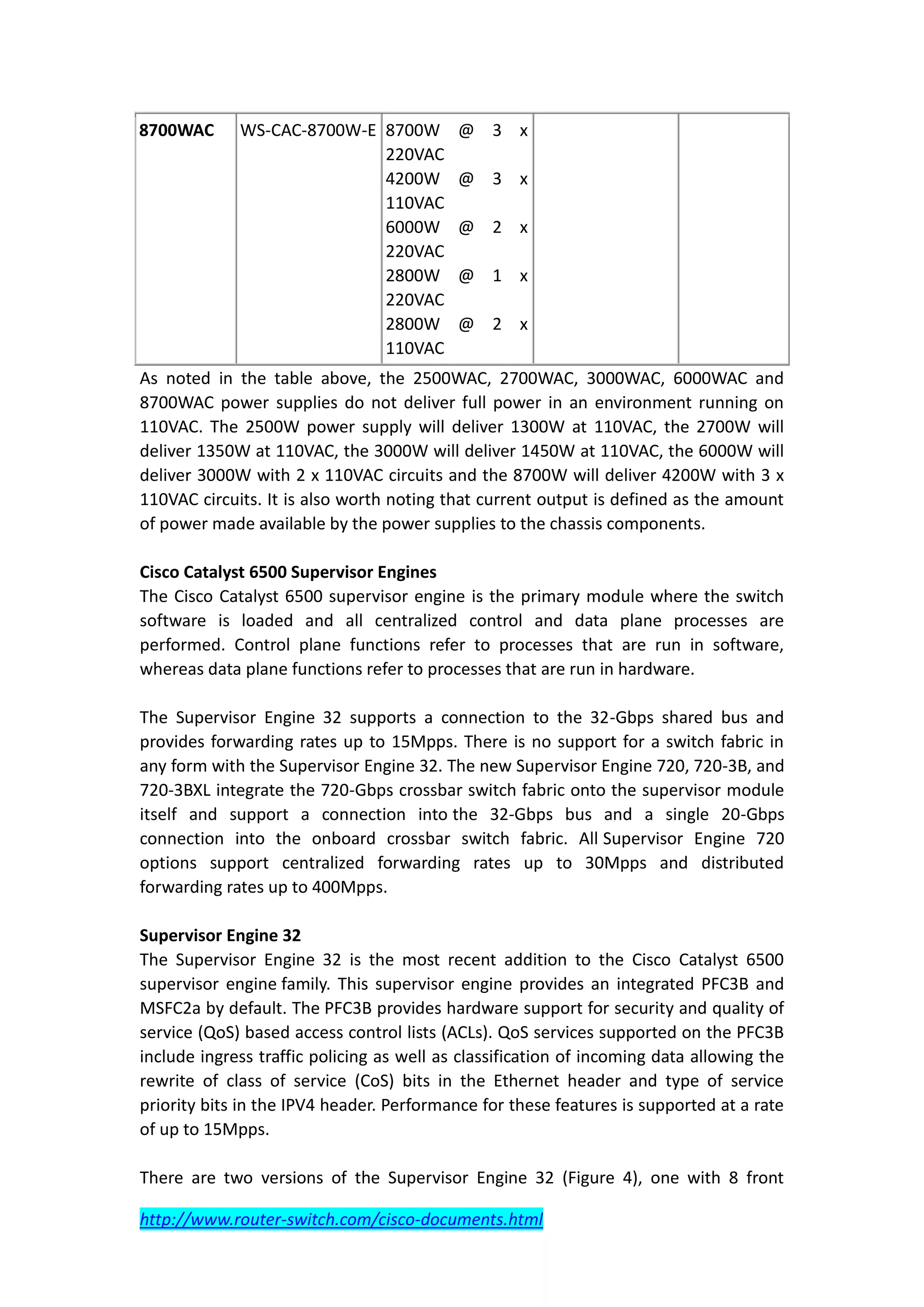 8700WAC      WS-CAC-8700W-E 8700W          @ 3 x
                            220VAC
                            4200W          @ 3 x
                            110VAC
                            6000W          @ 2 x
                            220VAC
                            2800W          @ 1 x
                            220VAC
                            2800W          @ 2 x
                            110VAC
As noted in the table above, the 2500WAC, 2700WAC, 3000WAC, 6000WAC and
8700WAC power supplies do not deliver full power in an environment running on
110VAC. The 2500W power supply will deliver 1300W at 110VAC, the 2700W will
deliver 1350W at 110VAC, the 3000W will deliver 1450W at 110VAC, the 6000W will
deliver 3000W with 2 x 110VAC circuits and the 8700W will deliver 4200W with 3 x
110VAC circuits. It is also worth noting that current output is defined as the amount
of power made available by the power supplies to the chassis components.

Cisco Catalyst 6500 Supervisor Engines
The Cisco Catalyst 6500 supervisor engine is the primary module where the switch
software is loaded and all centralized control and data plane processes are
performed. Control plane functions refer to processes that are run in software,
whereas data plane functions refer to processes that are run in hardware.

The Supervisor Engine 32 supports a connection to the 32-Gbps shared bus and
provides forwarding rates up to 15Mpps. There is no support for a switch fabric in
any form with the Supervisor Engine 32. The new Supervisor Engine 720, 720-3B, and
720-3BXL integrate the 720-Gbps crossbar switch fabric onto the supervisor module
itself and support a connection into the 32-Gbps bus and a single 20-Gbps
connection into the onboard crossbar switch fabric. All Supervisor Engine 720
options support centralized forwarding rates up to 30Mpps and distributed
forwarding rates up to 400Mpps.

Supervisor Engine 32
The Supervisor Engine 32 is the most recent addition to the Cisco Catalyst 6500
supervisor engine family. This supervisor engine provides an integrated PFC3B and
MSFC2a by default. The PFC3B provides hardware support for security and quality of
service (QoS) based access control lists (ACLs). QoS services supported on the PFC3B
include ingress traffic policing as well as classification of incoming data allowing the
rewrite of class of service (CoS) bits in the Ethernet header and type of service
priority bits in the IPV4 header. Performance for these features is supported at a rate
of up to 15Mpps.

There are two versions of the Supervisor Engine 32 (Figure 4), one with 8 front

http://www.router-switch.com/cisco-documents.html
 