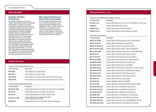 Cisco Catalyst 4500 Series


     Series Spotlight                                                                                           Product Overview continued

     Scalable, Resilient                                          Wire-speed Performance                        C ATA LY S T 4 5 0 0 S U P E R V I S O R E N G I N E S c o n t i n u e d
     Architecture                                                 with all Services Enabled
                                                                                                                Product Number                         Description
     The modular architecture of the Cisco                        The Cisco Catalyst 4500 Series offers
     Catalyst 4500 Series provides the scalability                up to 102 million packets per second          WS-X4013+TS                            Catalyst 4503 Supervisor II-Plus-TS, 12 10/100/1000 PoE + 8 SFP slots
     and flexibility to eliminate the need for                    (mpps) wire-speed forwarding rate in
     multiplatform deployments and minimizes                      hardware for Layer 2– 4 traffic. Switching    WS-F4531                               Catalyst 4500 NetFlow services card
     maintenance expenses. Network downtime                       performance is independent of the             S45ES-12xxxx                           Catalyst 4500 Enterprise Services Software
     is minimized with redundant supervisor                       number of route entries or advanced
     engine (subsecond failover) capability                       Layer 3 services enabled. This ensures        S45EK9-12xxxx                          Catalyst 4500 Enterprise Services Software with 3DES
     (Catalyst 4507R and Catalyst 4510R                           exceptional performance on applications
     switches), software-based fault tolerance,                   which are jitter and latency sensitive.
                                                                                                                C ATA LY S T 4 5 0 0 M O D U L E S
     redundant fans, and 1+1 power-supply
     redundancy across the Cisco Catalyst                                                                       Product Number                         Description
     4500 Series. The scalable architecture
     allows for easy upgrade of all system                                                                      WS-X4124-FX-MT                         Catalyst 4500 FE Switching module, 24-port 100FX (MTRJ)
     ports to higher-layer switching functions
                                                                                                                WS-X4124-RJ45                          Catalyst 4500 10/100 module, 24 ports (RJ-45)
     by simply adding a new supervisor engine
     such as the Cisco Catalyst 4500 Series                                                                     WS-X4148-FE-BD-LC                      Catalyst 4500 FE module, 48-port BX-D (LC) (1550)
     Supervisor Engines II-Plus, IV, V or V-10
     GbE. Higher-layer functional enhancements                                                                  WS-X4148-FE-LX-MT                      Catalyst 4500 FE module, 48-port 100LX-10 SMF (MTRJ)
     such as NetFlow or Dynamic Buffer Limiting                                                                 WS-X4148-FX-MT                         Catalyst 4500 FE Switching module, 48-port 100FX MMF (MTRJ)
     are possible on all system ports without
     replacing existing line cards and wiring.                                                                  WS-X4148-RJ                            Catalyst 4500 10/100 Auto module, 48 ports (RJ-45)

                                                                                                                WS-X4148-RJ21                          Catalyst 4500 10/100 module, 48-port Telco (4xRJ21)

                                                                                                                WS-X4148-RJ45V                         Catalyst 4500 pre-standard PoE 10/100, 48 ports (RJ-45)
     Product Overview
                                                                                                                WS-X4224-RJ45V                         Catalyst 4500 10/100 PoE 802.3af 24 ports (RJ-45)

                                                                                                                WS-X4232-GB-RJ                         Catalyst 4500 32-10/100 (RJ-45), 2 GbE (GBIC)
     C ATA LY S T 4 5 0 0 — B A S E C O N F I G U R AT I O N
                                                                                                                WS-X4232-RJ-XX                         Catalyst 4500 10/100 module, 32 ports (RJ-45) + modular uplinks
     Product Number                       Description
                                                                                                                WS-X4248-FE-SFP                        Catalyst 4500 FE module, 48-port 100BASE-X (SFP optional)
     WS-C4503                             3-slot chassis, fan, no power supply
                                                                                                                WS-X4248-RJ21V                         Catalyst 4500 PoE 802.3af 10/100, 48 ports (RJ-21)
     WS-C4506                             6-slot chassis, fan, no power supply
                                                                                                                WS-X4248-RJ45V                         Catalyst 4500 PoE 802.3af 10/100, 48 ports (RJ-45)
     WS-C4507R                            7-slot chassis, fan, no power supply, redundant-supervisor support
                                                                                                                WS-X4302-GB                            Catalyst 4500 GbE module, 2 ports (GBIC)
     WS-C4510R                            10-slot chassis, fan, no power supply, redundant-supervisor support
                                                                                                                WS-X4306-GB                            Catalyst 4500 GbE module, 6 ports (GBIC)

     C ATA LY S T 4 5 0 0 S U P E R V I S O R E N G I N E S                                                     WS-X4418-GB                            Catalyst 4500 GbE module, Server Switching 18 ports (GBIC)
     Product Number                       Description                                                           WS-X4424-GB-RJ45                       Catalyst 4500 24-port 10/100/1000 module (RJ-45)
     WS-X4516-10GE                        Catalyst 4500 Supervisor V-10 GbE, 2x10 GbE (X2) and 4x1 GbE (SFP)    WS-X4448-GB-RJ45                       Catalyst 4500 48-port 10/100/1000 module (RJ-45)
     WS-X4516                             Catalyst 4500 Supervisor V (2 GbE), Console (RJ-45)                   WS-X4448-GB-SFP                        Catalyst 4500 48-port 1000BASE-X (SFPs optional)
     WS-X4515                             Catalyst 4500 Supervisor IV (2 GbE), Console (RJ-45)                  WS-X4506-GB-T                          Catalyst 4500 6-port 10/100/1000 PoE or SFP (optional)
                                          Catalyst 4500 Supervisor Engine II-Plus-10GE,                         WS-X4524-GB-RJ45V                      Catalyst 4500 PoE 802.3af 10/100/1000 24 ports (RJ-45)
     WS-X4013+10GE
                                          2x10 GbE (X2) and 4x1 GbE (SFP)
                                                                                                                WS-X4548-GB-RJ45                       Catalyst 4500 Enhanced 48-port 10/100/1000BASE-T (RJ-45)
     WS-X4013+                            Catalyst 4500 Supervisor II-Plus (IOS), 2 GbE, Console (RJ-45)
                                                                                                                WS-X4548-GB-RJ45V                      Catalyst 4500 PoE 802.3af 10/100/1000, 48 ports (RJ-45)

52                                                                                                                                                                                                                             53
 