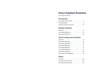 Cisco Catalyst Switches
Quick Reference Guide


Introduction
Cisco Catalyst Family Overview . . . . . . . . . . . . . . . . . . . . . . . . . . . .4

Technology Spotlight . . . . . . . . . . . . . . . . . . . . . . . . . . . . . . . . . . . . . . .6

Catalyst Family Feature Comparison. . . . . . . . . . . . . . . . . . . . . . 10


Modular Switches
Introduction. . . . . . . . . . . . . . . . . . . . . . . . . . . . . . . . . . . . . . . . . . . . . . . 27

Cisco Catalyst 6500 Series . . . . . . . . . . . . . . . . . . . . . . . . . . . . . . . 29

Cisco Catalyst 4500 Series . . . . . . . . . . . . . . . . . . . . . . . . . . . . . . . 49


Fixed-Configuration Switches
Introduction. . . . . . . . . . . . . . . . . . . . . . . . . . . . . . . . . . . . . . . . . . . . . . . 57

Cisco Catalyst 4900 Series . . . . . . . . . . . . . . . . . . . . . . . . . . . . . . . 59

Cisco Catalyst 3750 Series . . . . . . . . . . . . . . . . . . . . . . . . . . . . . . . 63

Cisco Catalyst 3560 Series . . . . . . . . . . . . . . . . . . . . . . . . . . . . . . . 73

Cisco Catalyst 2960 Series . . . . . . . . . . . . . . . . . . . . . . . . . . . . . . . 81

Cisco Catalyst 2950 Series . . . . . . . . . . . . . . . . . . . . . . . . . . . . . . . 87

Cisco Catalyst 2940 Series . . . . . . . . . . . . . . . . . . . . . . . . . . . . . . . 95

Cisco Catalyst Express 500 Series . . . . . . . . . . . . . . . . . . . . . . . 99


Optics
Introduction. . . . . . . . . . . . . . . . . . . . . . . . . . . . . . . . . . . . . . . . . . . . . . 104

Cisco Optics General Overview . . . . . . . . . . . . . . . . . . . . . . . . . 104

Cisco Optics Product Overview . . . . . . . . . . . . . . . . . . . . . . . . . 106
 