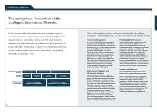 T EC H N O LO GY S P OT LIGHT




    The architectural foundation of the
    Intelligent Information Network.

    Cisco Systems offers the industry’s most complete range of                                                Cisco Catalyst switches provide an architectural foundation for the intelligent
                                                                                                              services that enable new applications and uses for the network. Key elements include:
    switching solutions, supporting a wide variety of deployment
    requirements in networks of every size. Yet Cisco Catalyst                                                Hardware Integration                               Predictable Performance
                                                                                                              At the core of Cisco’s hardware integration is     Cisco offers among the highest performance
    switches are much more than a collection of point products to                                             application-specific integrated circuit (ASIC)     modular and stackable switches in the
                                                                                                              innovation. Cisco has developed more than one      industry, but throughput alone is not enough.
    meet isolated IT needs; they are part of an integrated approach                                           hundred ASICs for the Cisco Catalyst switching     Organizations need to be assured of predictable
                                                                                                              family since 1995, with each generation            performance, regardless of variables like
    to the broader goals of protecting, optimizing, and growing                                               including more capabilities. For example,          congestion, traffic type, or the use of software-
                                                                                                              Cisco was the first vendor to integrate Layer 3    or hardware-enabled services. That’s why
    networks for years to come.                                                                               switching into hardware, and has gone on to        all Cisco Catalyst switches are designed to
                                                                                                              integrate security access control lists (ACLs),    maintain predictable performance through a
                                                                                                              quality of service (QoS) classification, and       unique combination of mechanisms, including
                                                                                                              queuing across the entire Cisco Catalyst line.     Cisco Express Forwarding (CEF), Ternary
                                                                                                              Cisco is also the only switching vendor to offer   Content Addressable Memory (TCAM), buffering,
                                                                                                              hardware-based services modules, which             and congestion management. This ensures that
                                                                                                              integrate key functions such as firewalling,       network managers can enable complex features
                                                                                                              content networking, and network analysis           without fear of losing speed in their networks.
                                                                                                              directly into Catalyst 6500 switches.
                                                                                                                                                                 Power over Ethernet
    �������������������
                            �����������������          �����������������         �������������������������
                                                                                                              High-Density Gigabit and                           Cisco pioneered the delivery of Power over
              ����������
                                                                                                              10 Gigabit Ethernet                                Ethernet (PoE), simplifying the deployment of
                                                                                                              The Catalyst portfolio leads the industry in       devices such as IP phones and wireless access
              �����������   ����������      ��������������         ���������                ��������
                ��������     ��������        ����������           ������������             �������������      Gigabit and 10 Gigabit Ethernet (10GbE) port       points by eliminating the need for additional
                                                                                                              density. Desktop Gigabit Ethernet, also called     power cabling. Cisco drove the 802.3af power
                                                                                                              10/100/1000, provides investment protection        standard through IEEE and today offers
                                                                                                                                                                 extensions to the IEEE standard through the use
         �������������            ��������������������                      �����������������������           for future connectivity needs while also making
           ����������          ���������������������������            ������������������������������������    use of the “free” LAN-on-motherboard solutions     of intelligent power management. In keeping
                                                                                                              shipping on most new desktop and laptop            with Cisco’s evolutionary approach, the Cisco
                                                                                                              computers. Additionally, the ability to process    Catalyst line includes switches that support
                                                                                                              networked applications faster means that each      both pre-standard inline power as well as IEEE
                                                                                                              PC’s performance improves, increasing              802.3af-compliant devices, enabling our
                                                                                                              productivity. Similarly, 10GbE is being rapidly    customers to deploy new technology while
                                                                                                              adopted in many enterprise networks,               continuing to make the most of past investments.
                                                                                                              particularly in the network core, distribution,
    �������������������     �����������������          �����������������         �������������������������    and in data center networks. Together, Gigabit
              ����������                                                                                      Ethernet and 10GbE help to ensure rapid access
            �����������     ����������     ��������������          ���������                ��������          into the network and between network devices.
              ��������       ��������       ����������            ������������             �������������


6
            �������������          ��������������������                      �����������������������
              ����������        ���������������������������            ������������������������������������
 