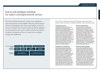 T EC HN OLO GY S POT L I G HT




End-to-end intelligent switching
for today’s converged network services.

The LAN switching infrastructure connects users, applications,                                          Cisco Catalyst switches support today’s technology trends and business goals
                                                                                                        through a unique combination of intelligent capabilities. Major advantages include:
and communications systems together. That basic task has become
much more challenging as the variety and complexity of network                                          Integrated Security                                  Delivery Optimization
                                                                                                        Cisco Catalyst switches help make networks           Today’s networks must be intelligent and
uses have increased. Cisco Catalyst switches provide the intelligent                                    self-defending. Encrypted passwords,                 adaptable enough to meet the varying
�������������������                                                                                     multilevel account privileges, and authentication    requirements of converged data, voice, video,
services required�����������������
                   to create secure, resilient networks that optimize
          ����������
                                   ����������������� �������������������������                          protocols prevent unauthorized network               and storage traffic. Cisco Catalyst switches
                                                                                                        access—a problem exacerbated by the rapid            optimize the delivery of disparate traffic types
the delivery of disparate services, yet remain easy to configure,
        ����������� ���������� �������������� ���������   ��������                                      adoption of wireless networking. The switches        using three key technologies: quality of service
            ��������     ��������        ����������         ������������             �������������      can also prevent devices from connecting if          (QoS), multicast, and content switching.
manage, and troubleshoot.                                                                               they fail to meet certain criteria, such as having   QoS allows network managers to prioritize
                                                                                                        the latest antivirus software. Users can be          traffic and ensure low-latency traffic, such as
     �������������            ��������������������                    �����������������������           separated into private subnets to permit varying     voice, gets handled accordingly. Multicast
       ����������          ���������������������������          ������������������������������������    levels of access. Other features enable the          makes it much more efficient to deliver video or
                                                                                                        switches to protect themselves from worms and        music on-hold to multiple points on the network,
                                                                                                        denial-of-service (DoS) attacks, prevent routing     reducing the burden on servers. The Cisco
                                                                                                        and spanning tree information from being             Catalyst 6500 Series Content Switching Module
                                                                                                        spoofed, and ensure malicious users can’t steal      adds advanced Layer 4–7 load balancing to the
                                                                                                        confidential information, either from the            Catalyst line’s existing Layer 2 and 3 features,
                                                                                                        company or from other employees.                     further optimizing service delivery.

�������������������     �����������������        �����������������         �������������������������
          ����������                                                                                    Availability and Resiliency                          Enhanced Manageability
                                                                                                        Cisco Catalyst switches help maintain the            All Cisco Catalyst switches offer enhanced
        �����������     ����������     ��������������        ���������                ��������
          ��������       ��������       ����������          ������������             �������������      highest levels of network availability and           capabilities that make them much easier to
                                                                                                        resiliency. Each switch is designed to protect       configure, manage, and troubleshoot. These
                                                                                                        itself from hardware, software, power, or            include wizards that automatically configure
                                                                                                        connection failures—or at the very least,            switches, integrated Web-based management
        �������������          ��������������������                    �����������������������
          ����������        ���������������������������          ������������������������������������   minimize recovery times by enabling redundant        tools, device discovery and intelligent power
                                                                                                        backup systems and protocols to take over in         management features for PoE equipment such
                                                                                                        as little as a millisecond. The switches are         as IP phones and wireless access points, and
                                                                                                        also designed to increase resiliency on a            an array of data collection and analysis tools.
                                                                                                        network-wide level, utilizing an array of Cisco      The benefits are real-time visibility, faster
                                                                                                        innovations to recover from device, link, or         response and repair times, more adaptive policy
                                                                                                        protocol failures and maintain uninterrupted         management, and reduced cost and complexity.
                                                                                                        access. Integrated security features also play       In the case of the Cisco Catalyst 6500 Series,
                                                                                                        a role in preserving availability in the event of    optional Network Analysis Modules embed a
                                                                                                        incidents like DoS attacks. Conversely, resilient    rich set of management features on a single
                                                                                                        designs help networks recover faster from            blade, providing volumes of performance
                                                                                                        security breaches, or even nullify their impact.     information without burdening the switch itself.



                                                                                                                                                                                                                9
 