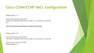 Cisco CCNA/CCNP VACL Configuration
R1#ping 200.1.1.2
Type escape sequence to abort.
Sending 5, 100-byte ICMP Echos to 200.1.1.2, timeout is 2 seconds:
!!!!!
here is R2 cannot ping R4 but can ping rest of router
R2#ping 200.1.1.4
Type escape sequence to abort.
Sending 5, 100-byte ICMP Echos to 200.1.1.4, timeout is 2 seconds:
.....
Success rate is 0 percent (0/5)
R2#ping 200.1.1.1
 