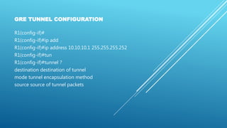 GRE TUNNEL CONFIGURATION
R1(config-if)#
R1(config-if)#ip add
R1(config-if)#ip address 10.10.10.1 255.255.255.252
R1(config-if)#tun
R1(config-if)#tunnel ?
destination destination of tunnel
mode tunnel encapsulation method
source source of tunnel packets
 