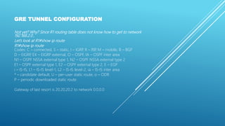 GRE TUNNEL CONFIGURATION
Not yet? Why? Since R1 routing table does not know how to get to network
192.168.2.0 ,
Let’s look at R1#show ip route
R1#show ip route
Codes: C – connected, S – static, I – IGRP, R – RIP, M – mobile, B – BGP
D – EIGRP, EX – EIGRP external, O – OSPF, IA – OSPF inter area
N1 – OSPF NSSA external type 1, N2 – OSPF NSSA external type 2
E1 – OSPF external type 1, E2 – OSPF external type 2, E – EGP
i – IS-IS, L1 – IS-IS level-1, L2 – IS-IS level-2, ia – IS-IS inter area
* – candidate default, U – per-user static route, o – ODR
P – periodic downloaded static route
Gateway of last resort is 20.20.20.2 to network 0.0.0.0
 