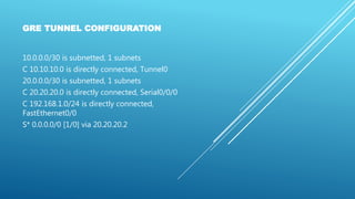GRE TUNNEL CONFIGURATION
10.0.0.0/30 is subnetted, 1 subnets
C 10.10.10.0 is directly connected, Tunnel0
20.0.0.0/30 is subnetted, 1 subnets
C 20.20.20.0 is directly connected, Serial0/0/0
C 192.168.1.0/24 is directly connected,
FastEthernet0/0
S* 0.0.0.0/0 [1/0] via 20.20.20.2
 