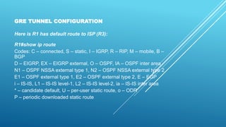 GRE TUNNEL CONFIGURATION
Here is R1 has default route to ISP (R3):
R1#show ip route
Codes: C – connected, S – static, I – IGRP, R – RIP, M – mobile, B –
BGP
D – EIGRP, EX – EIGRP external, O – OSPF, IA – OSPF inter area
N1 – OSPF NSSA external type 1, N2 – OSPF NSSA external type 2
E1 – OSPF external type 1, E2 – OSPF external type 2, E – EGP
i – IS-IS, L1 – IS-IS level-1, L2 – IS-IS level-2, ia – IS-IS inter area
* – candidate default, U – per-user static route, o – ODR
P – periodic downloaded static route
 