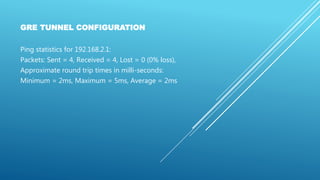 GRE TUNNEL CONFIGURATION
Ping statistics for 192.168.2.1:
Packets: Sent = 4, Received = 4, Lost = 0 (0% loss),
Approximate round trip times in milli-seconds:
Minimum = 2ms, Maximum = 5ms, Average = 2ms
 