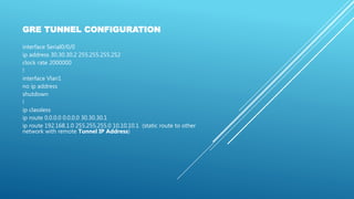 GRE TUNNEL CONFIGURATION
interface Serial0/0/0
ip address 30.30.30.2 255.255.255.252
clock rate 2000000
!
interface Vlan1
no ip address
shutdown
!
ip classless
ip route 0.0.0.0 0.0.0.0 30.30.30.1
ip route 192.168.1.0 255.255.255.0 10.10.10.1 (static route to other
network with remote Tunnel IP Address)
 