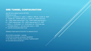 GRE TUNNEL CONFIGURATION
Also R2 has a default route to ISP (R3):
R2#show ip route
Codes: C – connected, S – static, I – IGRP, R – RIP, M – mobile, B – BGP
D – EIGRP, EX – EIGRP external, O – OSPF, IA – OSPF inter area
N1 – OSPF NSSA external type 1, N2 – OSPF NSSA external type 2
E1 – OSPF external type 1, E2 – OSPF external type 2, E – EGP
i – IS-IS, L1 – IS-IS level-1, L2 – IS-IS level-2, ia – IS-IS inter area
* – candidate default, U – per-user static route, o – ODR
P – periodic downloaded static route
Gateway of last resort is 30.30.30.1 to network 0.0.0.0
30.0.0.0/30 is subnetted, 1 subnets
C 30.30.30.0 is directly connected, Serial0/0/0
C 192.168.2.0/24 is directly connected, FastEthernet0/0
S* 0.0.0.0/0 [1/0] via 30.30.30.1
 