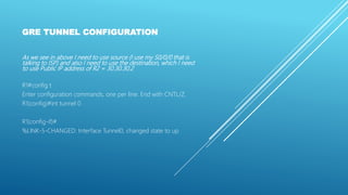 GRE TUNNEL CONFIGURATION
As we see in above I need to use source (I use my S0/0/0 that is
talking to ISP) and also I need to use the destination, which I need
to use Public IP address of R2 = 30.30.30.2
R1#config t
Enter configuration commands, one per line. End with CNTL/Z.
R1(config)#int tunnel 0
R1(config-if)#
%LINK-5-CHANGED: Interface Tunnel0, changed state to up
 