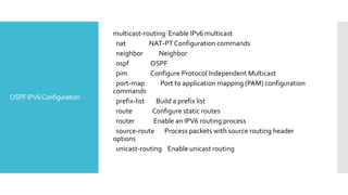 OSPFIPV6Configuration
multicast-routing Enable IPv6 multicast
nat NAT-PTConfiguration commands
neighbor Neighbor
ospf OSPF
pim Configure Protocol Independent Multicast
port-map Port to application mapping (PAM) configuration
commands
prefix-list Build a prefix list
route Configure static routes
router Enable an IPV6 routing process
source-route Process packets with source routing header
options
unicast-routing Enable unicast routing
 