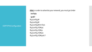 OSPFIPV6Configuration
Hint: in order to advertise your network; you must go Under
int f0/0
ipv6?
R4(config)#
R4(config)#
R4(config)#int f0/0
R4(config-if)#ipc
R4(config-if)#ip
R4(config-if)#ipv
R4(config-if)#ipv6 ?
 